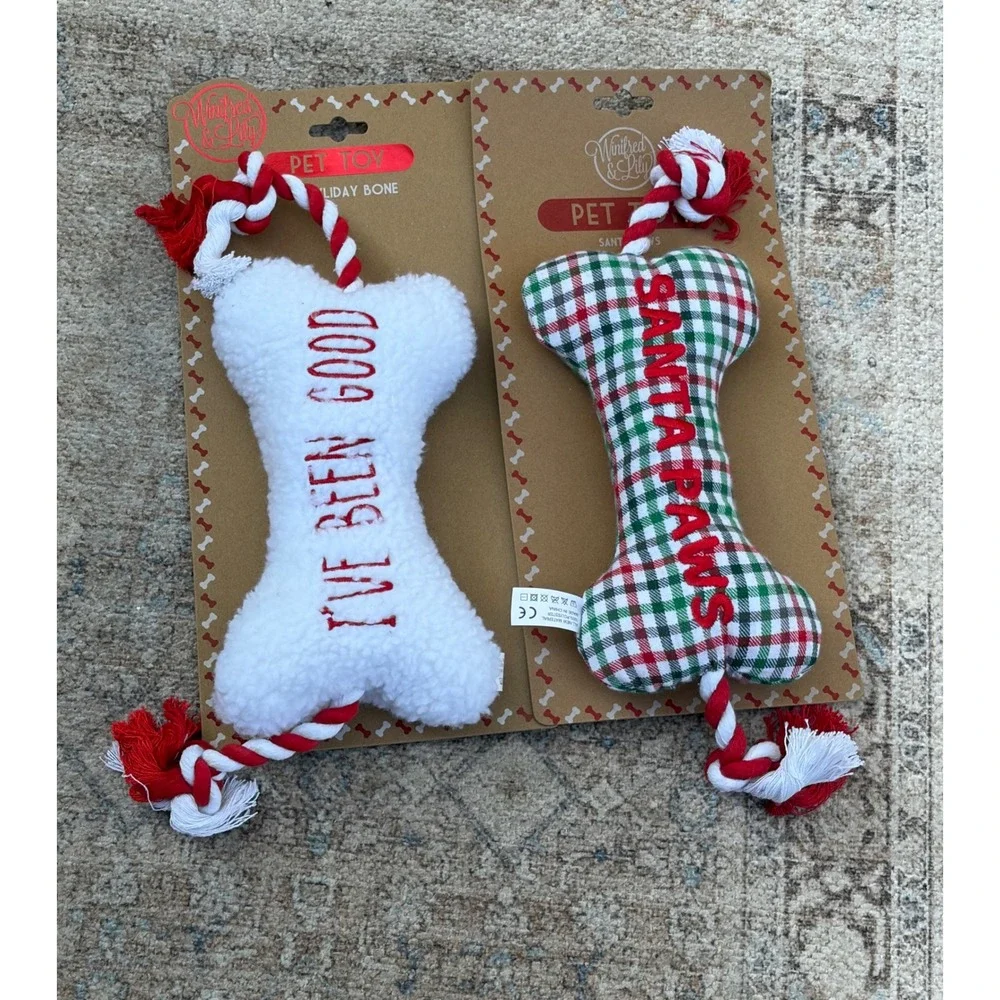 Winifred & Lily Christmas Dog Toy Set 2pk Santa Paws I've Been Good Bone Rope